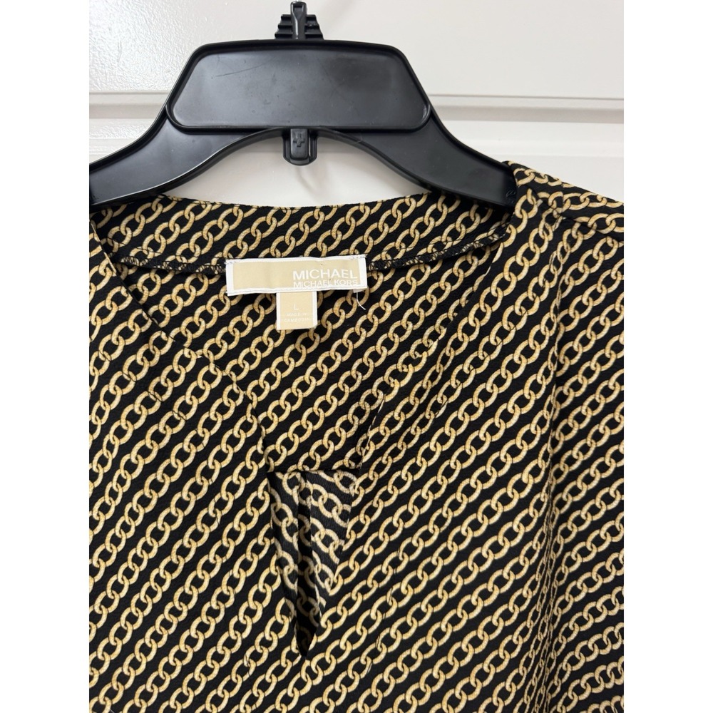 Michael Kors Women Blouse Large Black Gold Chain Link Tie Sleeve V-Neck Top